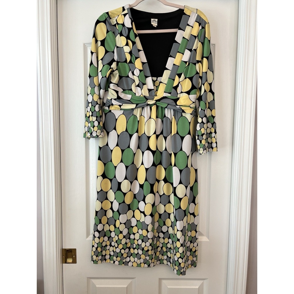 VTG Sangria Dress Womens 14 Green Retro Polka Dots Midi Stretch Office Work Wear